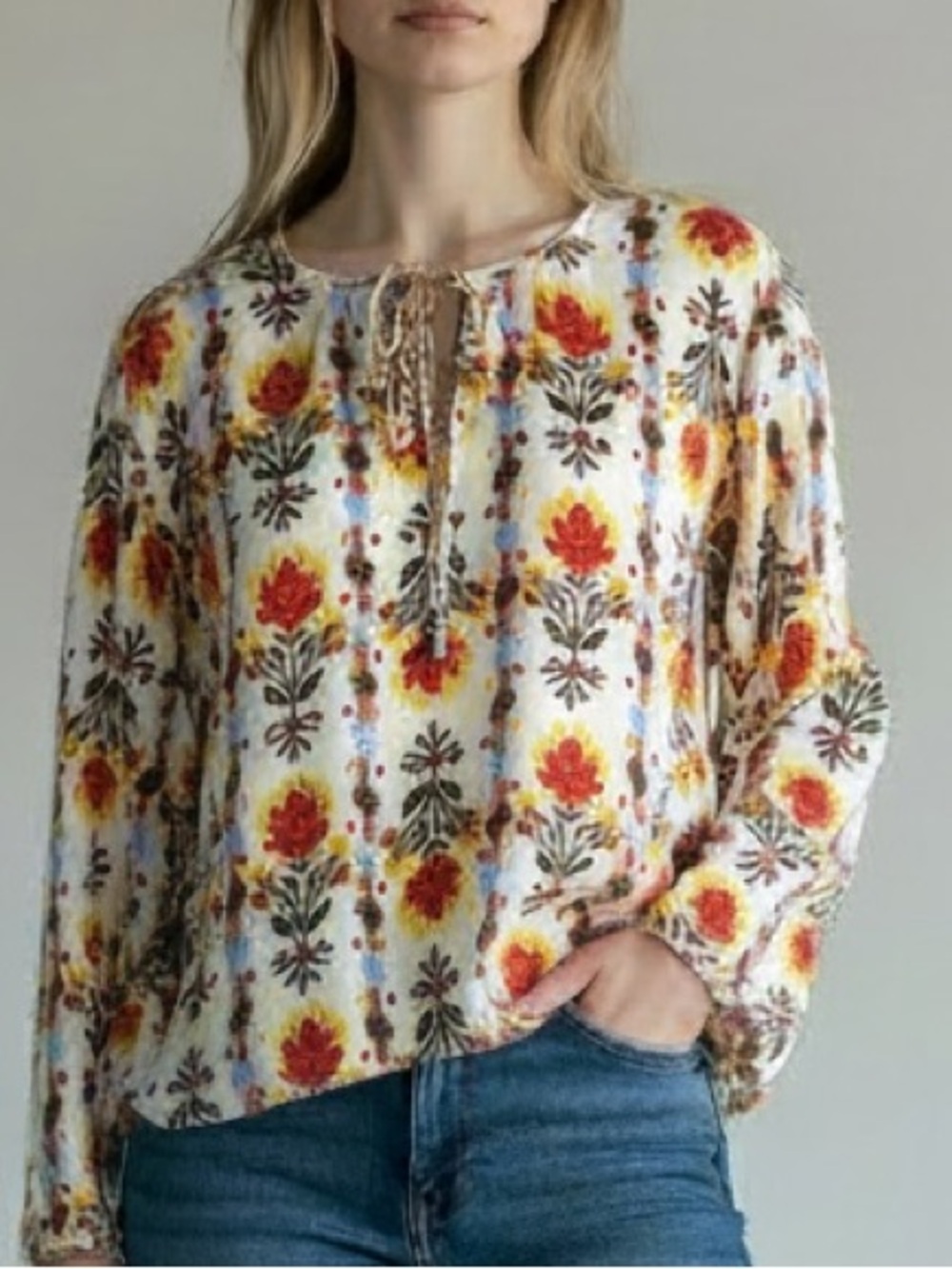 FRAME | Women’s Le Raglan Fall Colors Floral Print Blouse size Small Satin